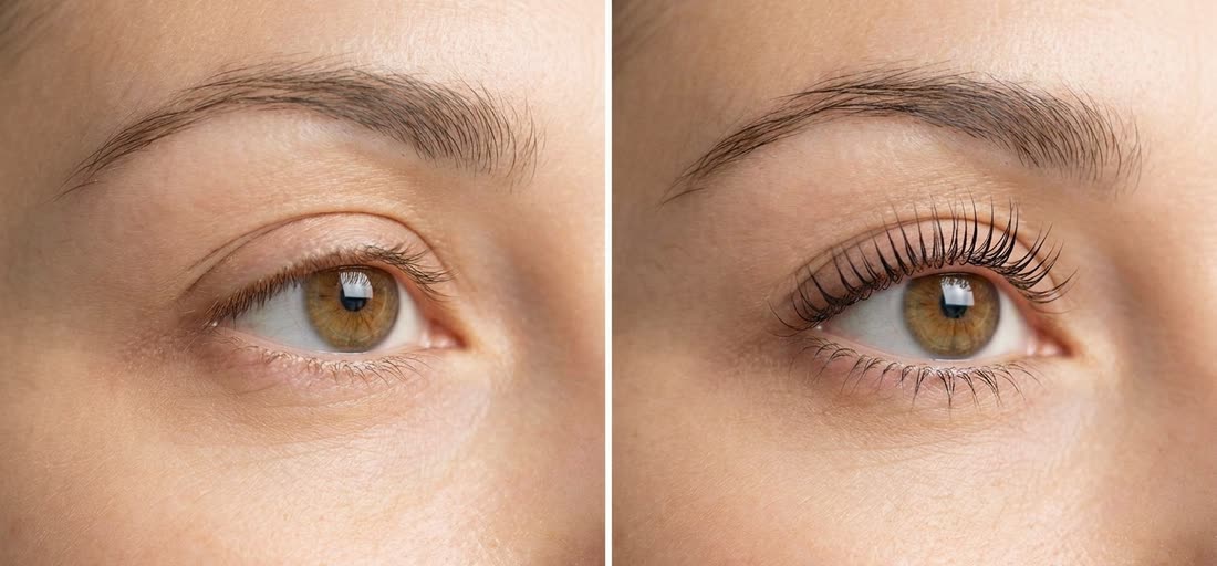 Lash Lifting vorher und nachher: links gerade Wimpern, rechts von der Wurzel aufgerichtet und getönt